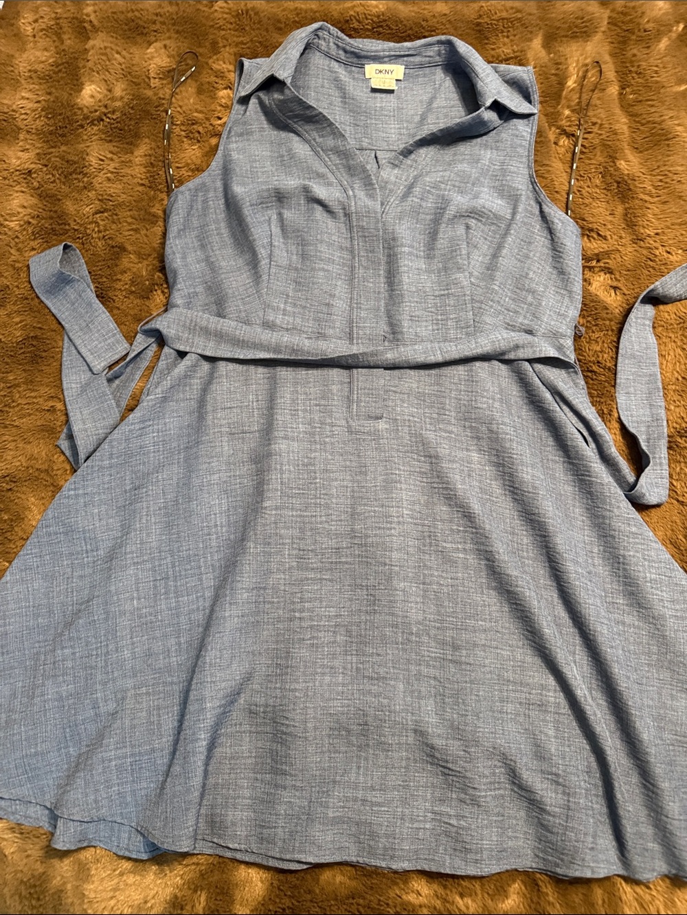 Dkny Chambray Blue Sleeveless Collared Tie-Waist Mini Dress